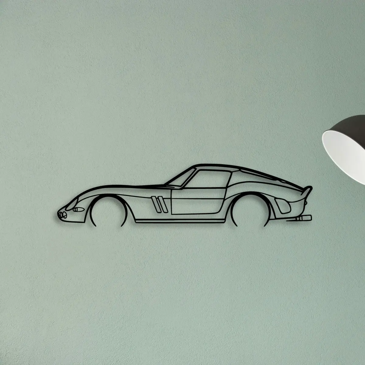 Side-profile metal wall art of the 250 GTO 1965, a 1960s sports car silhouette