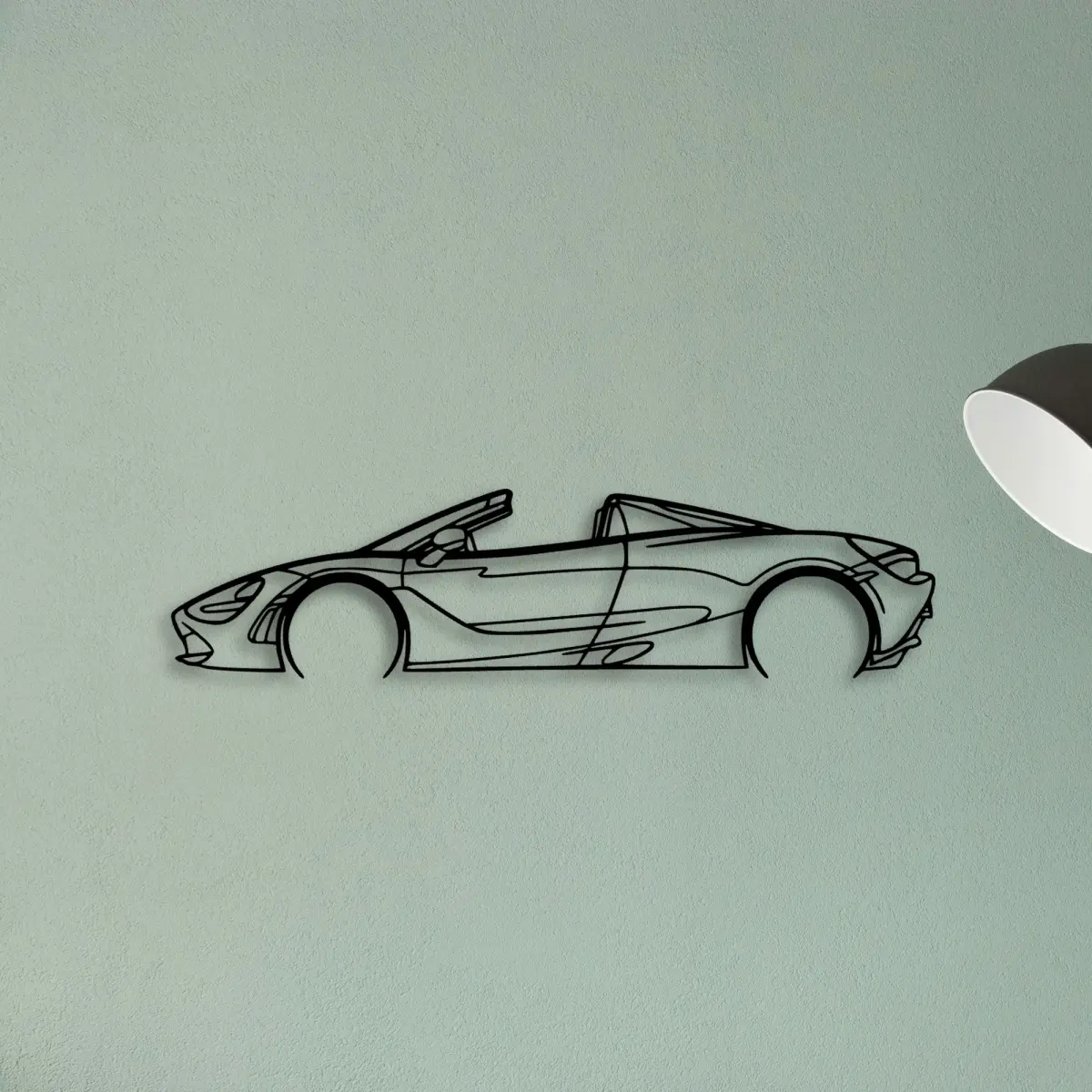 Side-profile metal wall art of the 720S Spyder 2018, an open-top convertible silhouette